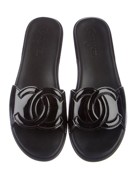 chanel black logo slides|chanel black leather slides.